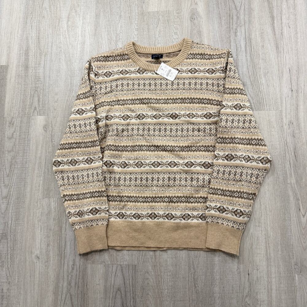 J Crew Supersoft Lambswool Fair Isle Sweater Men's Large Tan Brown Crewneck NEW